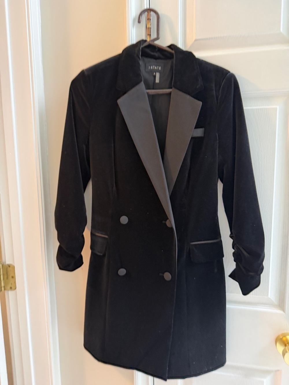 1. State Black Velvet Double-Breasted Long Blazer